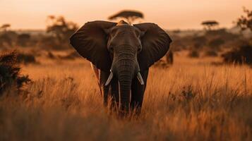 africano elefante e il ambientazione sole con il iconico savane nel il sfondo foto