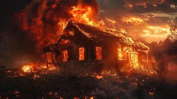 Casa Engulfed nel fiamme a notte foto