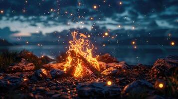 raggiante fuoco di bivacco con scintille di un' calma lago durante un' colorato tramonto foto