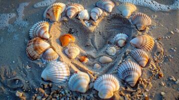 cuore forma fatto con conchiglie su sabbia foto