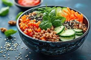 vegano Budda o colpire ciotola insalata con grano saraceno, verdure e semi su blu sfondo foto