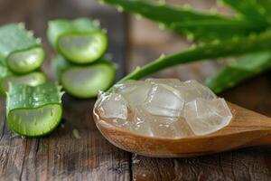 aloe gel su di legno cucchiaio con aloe affettato su di legno tavolo. foto