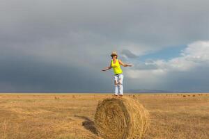 bellissimo giovane ragazza nel un' campo con cannuccia su un' sfondo di arcobaleno foto