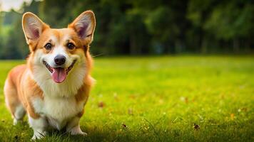 corgi cane con un' carino viso è seduta nel il giardino su il erba con vuoto spazio su il giusto lato foto