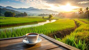 un' tazza di caldo caffè nel il mattina con un' riso campo sfondo foto