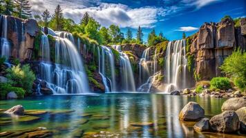 cascata su il bordo di il lago con visualizzazioni di alto alberi e chiaro cieli foto