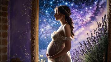un' maternità modello con un' sognante Guarda sua inferiore corpo nel calze autoreggenti quello bagliore foto
