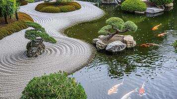 un' tranquillo, calmo scena raffigurante un' tradizionale giapponese giardino con un' koi stagno, meticolosamente rastrellato ghiaia foto