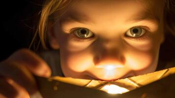 un' avvicinamento ritratto di un' giovane bambino con luminosa occhi e un' malizioso largo sorriso, perso nel un' mondo di immaginazione foto