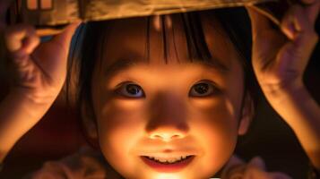 un' avvicinamento ritratto di un' giovane bambino con luminosa occhi e un' malizioso largo sorriso, perso nel un' mondo di immaginazione foto