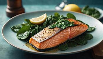 salmone bistecca, spinaci, Limone. grigliato salmone bistecca con griglia segni, servito con fresco spinaci e Limone fette, vapore in aumento. foto