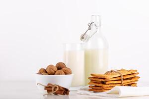 fresco salutare latte, biscotti con uva passa, Noci, cannella bastoni su bianca sfondo. selettivo messa a fuoco. foto