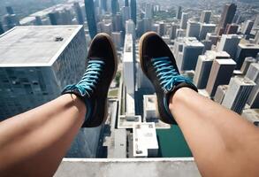 di persona gambe penzoloni al di sopra di il bordo di un' grattacielo edificio con un' paesaggio urbano sotto foto