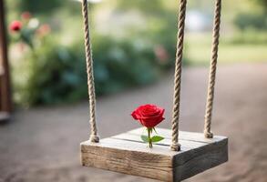 un' di legno swing con corde e un' rosso rosa su esso, con un' sfocato sfondo mostrando Due persone seduta vicino insieme foto