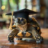 un' tartaruga indossare un' laurea breve berretto per la laurea concetto. foto