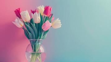 La madre di giorno colorato sfondo concetto con tulipano fiore nel un' bicchiere vaso. foto