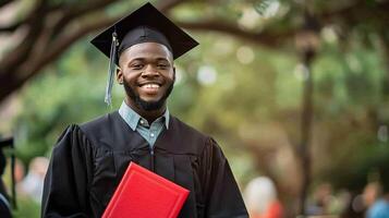 un' uomo indossare la laurea toga e Tenere diploma per cerimonia celebrazione. foto