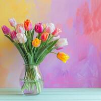 La madre di giorno colorato sfondo concetto con tulipano fiore nel un' bicchiere vaso. foto