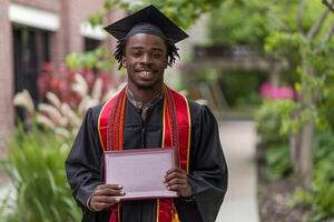 un' uomo indossare la laurea toga e Tenere diploma per cerimonia celebrazione. foto