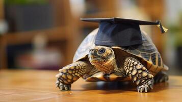 un' tartaruga indossare un' laurea breve berretto per la laurea concetto. foto