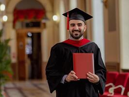 un' uomo indossare la laurea toga e Tenere diploma per cerimonia celebrazione. foto