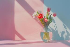 La madre di giorno colorato sfondo concetto con tulipano fiore nel un' bicchiere vaso. foto