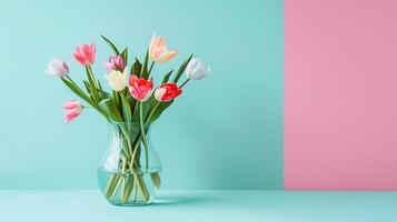 La madre di giorno colorato sfondo concetto con tulipano fiore nel un' bicchiere vaso. foto