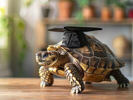 un' tartaruga indossare un' laurea breve berretto per la laurea concetto. foto