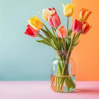 La madre di giorno colorato sfondo concetto con tulipano fiore nel un' bicchiere vaso. foto