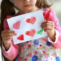 poco ragazza dando sua mano scrittura saluto carta per sua mamma. foto