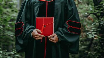 un' uomo indossare la laurea toga e Tenere diploma per cerimonia celebrazione. foto