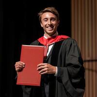 un' uomo indossare la laurea toga e Tenere diploma per cerimonia celebrazione. foto