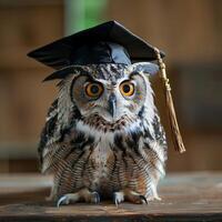 un gufo indossare un' laurea breve berretto per la laurea concetto. foto