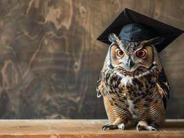 un gufo indossare un' laurea breve berretto per la laurea concetto. foto