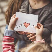 poco ragazza dando sua mano scrittura saluto carta per sua mamma. foto