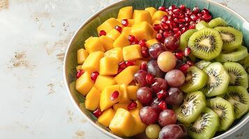 ciotola con fresco frutta insalata di frutta su un' leggero sfondo. foto