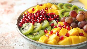 ciotola con fresco frutta insalata di frutta su un' leggero sfondo. foto