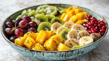 ciotola con fresco frutta insalata di frutta su un' leggero sfondo. foto