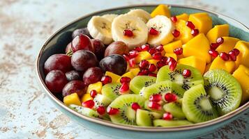 ciotola con fresco frutta insalata di frutta su un' leggero sfondo. foto