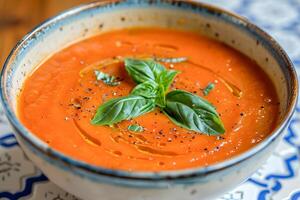 spagnolo freddo estate pomodoro la minestra Gazpacho su un' piastrella superficie. foto