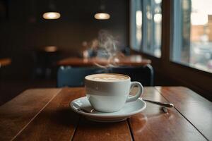 bar ambiance caffè tazza su di legno tavolo nel accogliente atmosfera foto