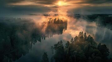 nebbia lago e foresta paesaggio, aereo Visualizza foto