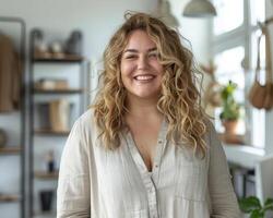 contento sorridente giovane donna con lungo ondulato bionda capelli indossare beige camicia in piedi nel casa o ufficio. foto