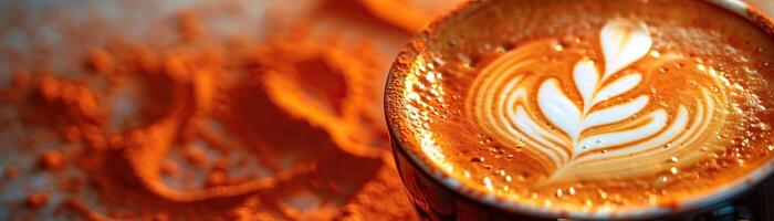 latte macchiato arte caffè tazza con rosso arancia polvere foto