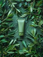 un' tubo di verde viso crema si siede nel il mezzo di un' lussureggiante verde sfondo di oliva rami e le foglie. foto