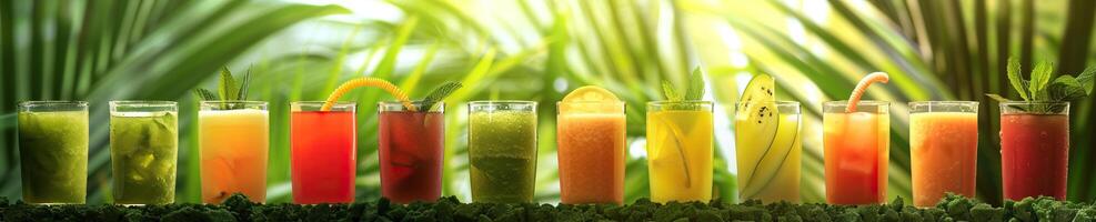 bicchieri con fresco frutta e verdura succhi di frutta nel davanti di sfocato tropicale le foglie sfondo foto