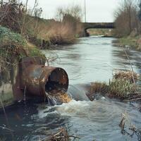 un' grande arrugginito tubo è dumping liquame in un' fiume. il acqua è oscuro e inquinato. il Riva del fiume è disseminato con spazzatura. foto