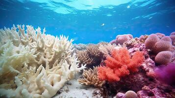 subacqueo Immagine di un' sbiancato corallo scogliera con molti diverso tipi di corallo e pesce foto