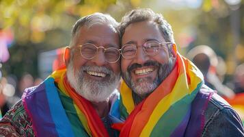 Due di mezza età uomini a un' orgoglio parata, tutti e due indossare arcobaleno sciarpe e sorridente. foto
