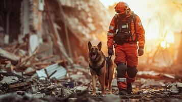 un' pompiere e il suo canino compagno ricerca per sopravvissuti nel il conseguenze di un' disastro foto